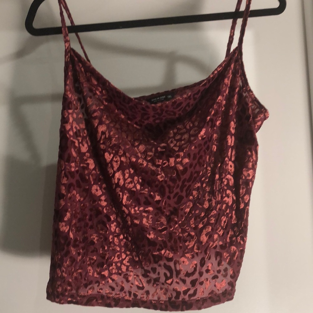 Red cheetah print velvet crop top with drop neck